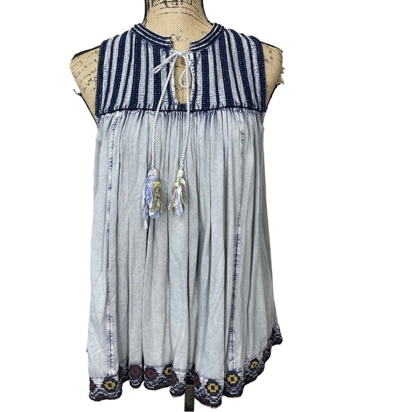 Rachel Zoe Boho Hippie Top Blue Striped Tassels Gypsy Hippie Festival Tunic - Picture 1 of 12